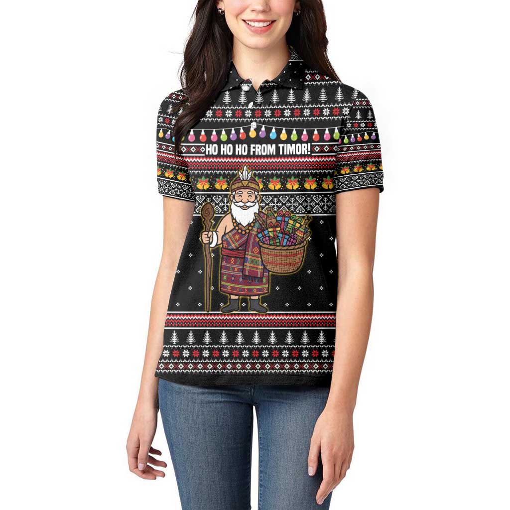 East Timor Christmas Women Polo Shirt with Santa in Traditional Robe Gift Basket Ho Ho Ho Text and Black Festive - Wonder Print Shop