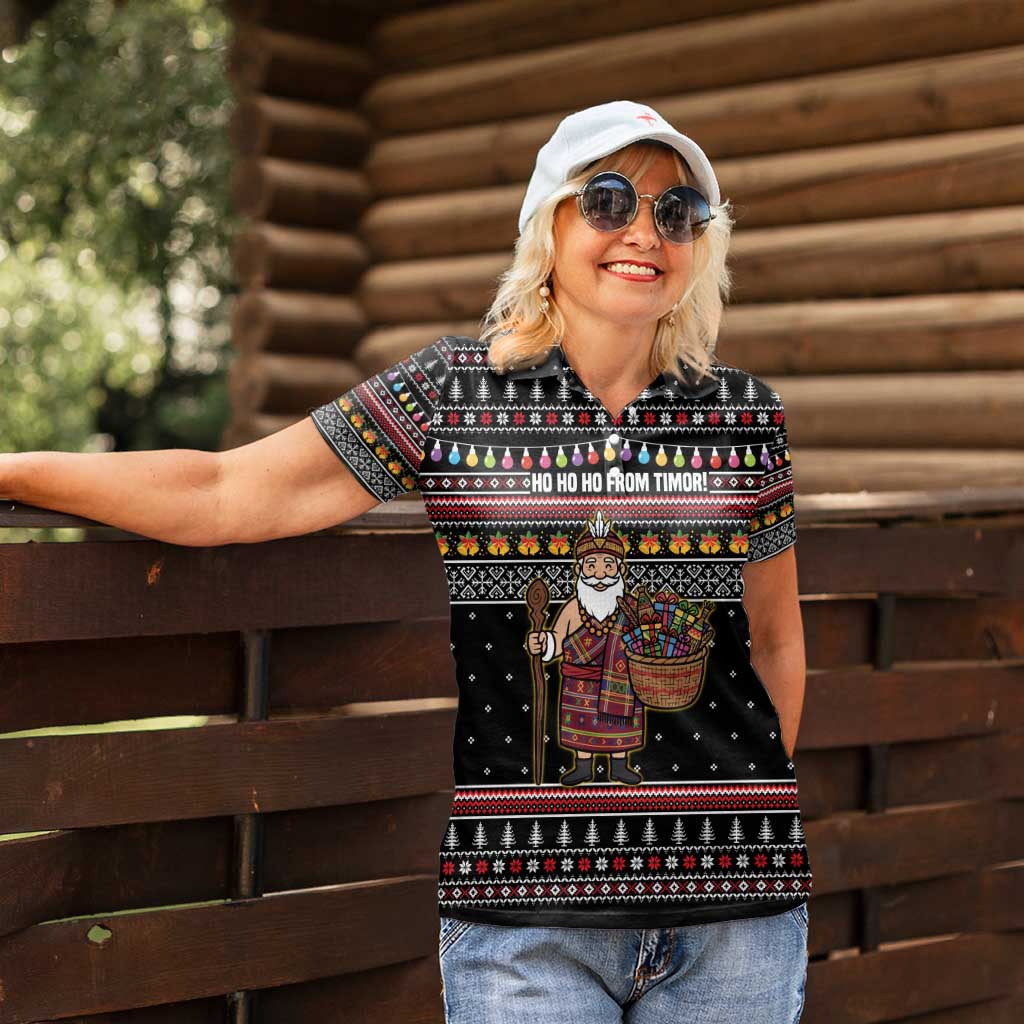 East Timor Christmas Women Polo Shirt with Santa in Traditional Robe Gift Basket Ho Ho Ho Text and Black Festive - Wonder Print Shop