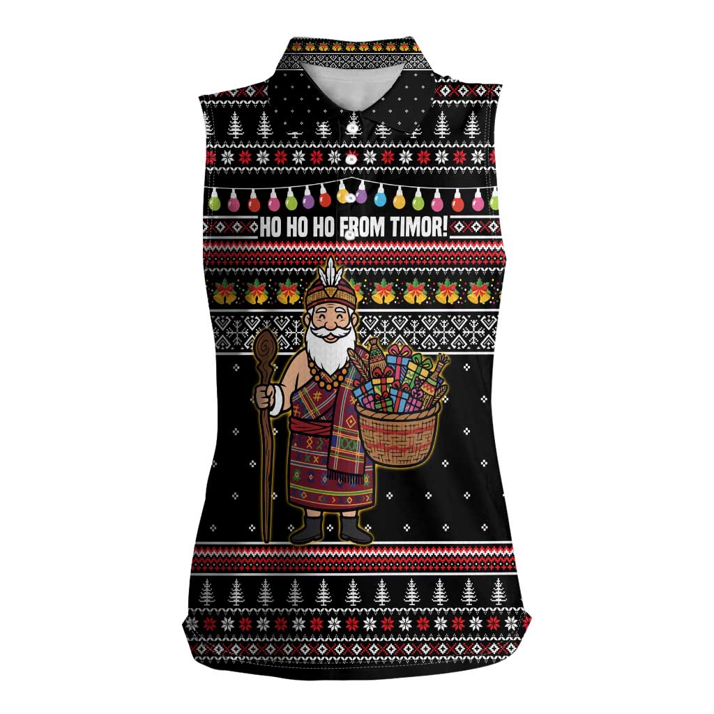East Timor Christmas Women Sleeveless Polo Shirt with Santa in Traditional Robe Gift Basket Ho Ho Ho Text and Black Festive - Wonder Print Shop