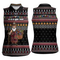East Timor Christmas Women Sleeveless Polo Shirt with Santa in Traditional Robe Gift Basket Ho Ho Ho Text and Black Festive - Wonder Print Shop