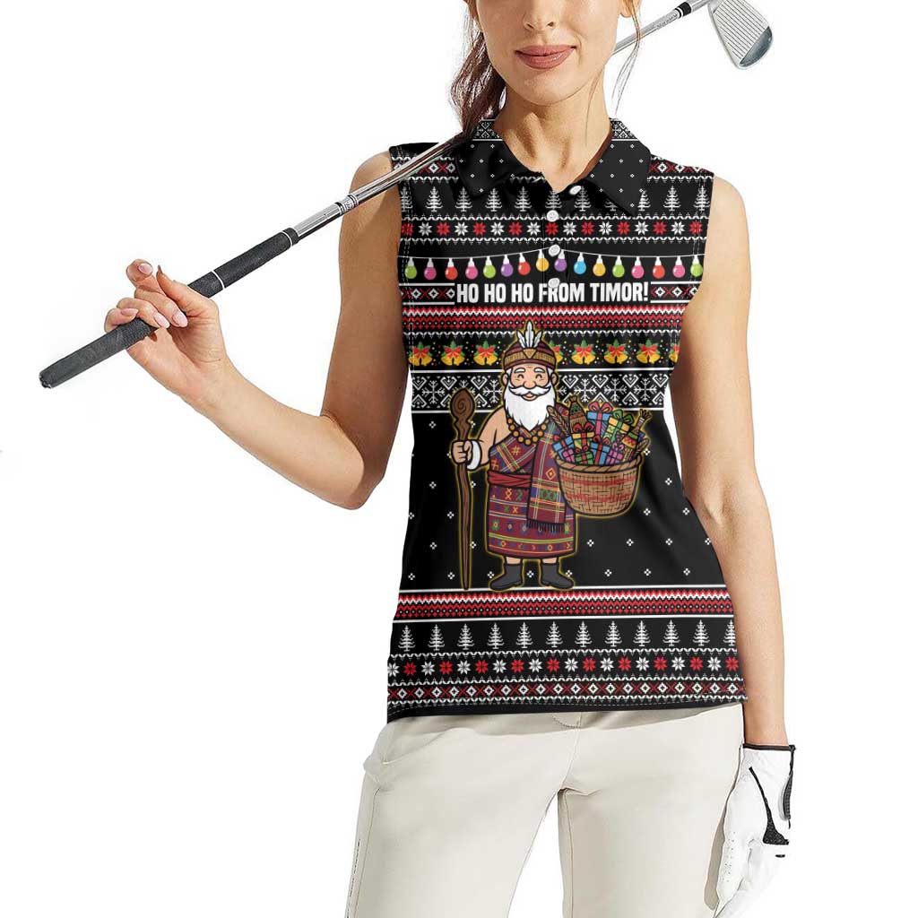 East Timor Christmas Women Sleeveless Polo Shirt with Santa in Traditional Robe Gift Basket Ho Ho Ho Text and Black Festive - Wonder Print Shop
