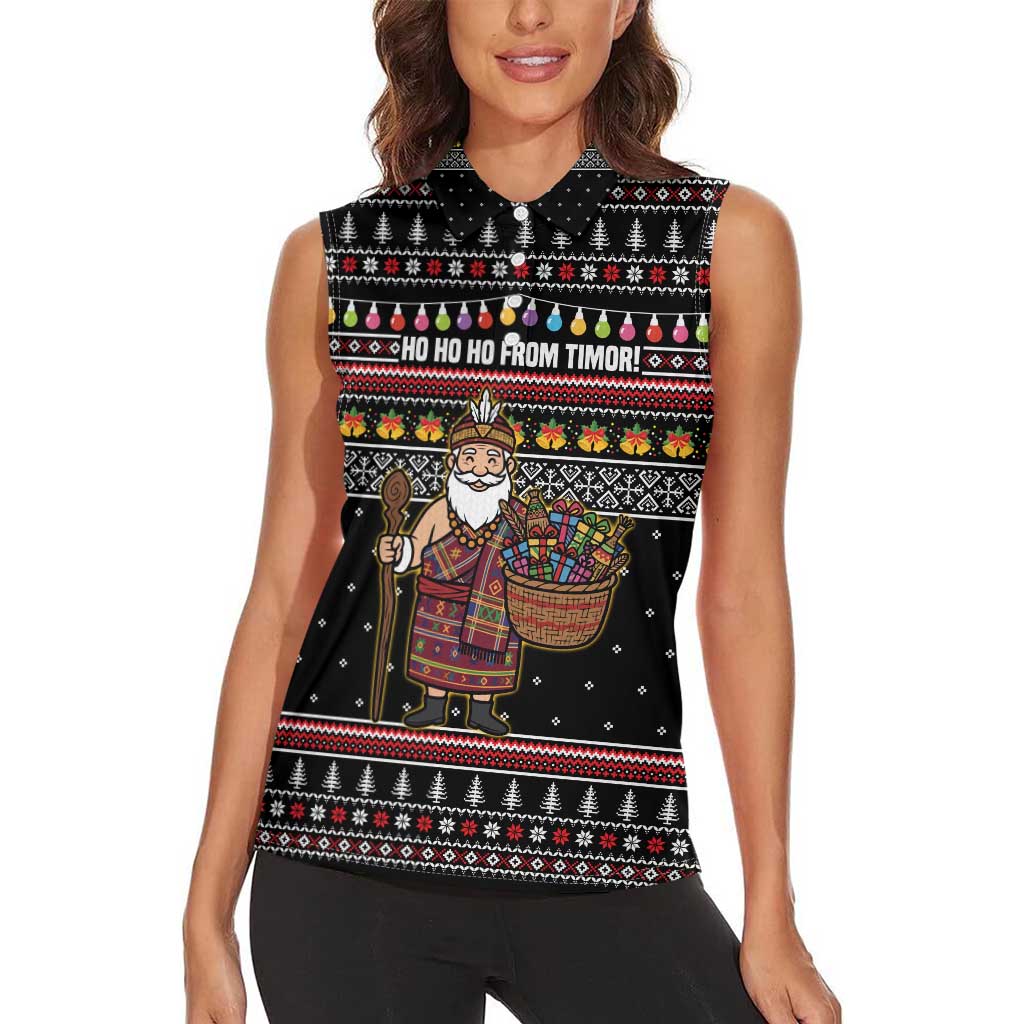 East Timor Christmas Women Sleeveless Polo Shirt with Santa in Traditional Robe Gift Basket Ho Ho Ho Text and Black Festive - Wonder Print Shop