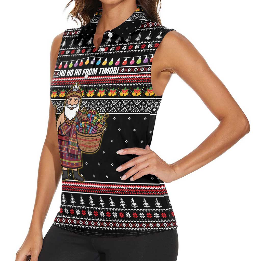 East Timor Christmas Women Sleeveless Polo Shirt with Santa in Traditional Robe Gift Basket Ho Ho Ho Text and Black Festive - Wonder Print Shop