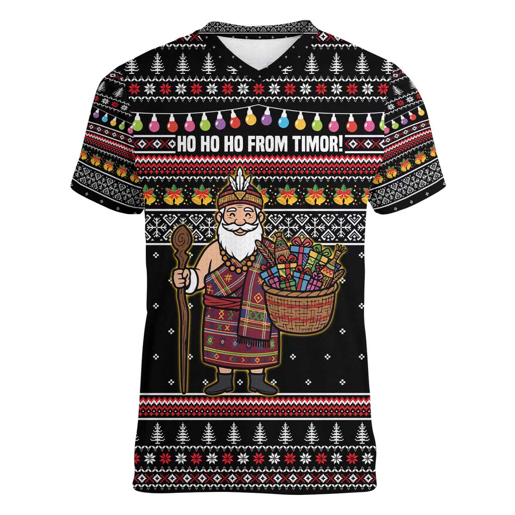 East Timor Christmas Women V-Neck T-Shirt with Santa in Traditional Robe Gift Basket Ho Ho Ho Text and Black Festive - Wonder Print Shop