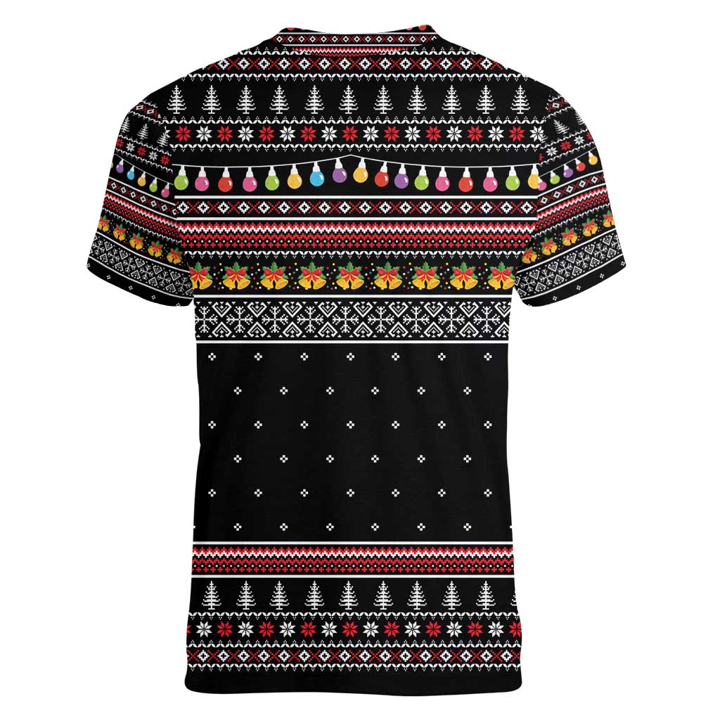 East Timor Christmas Women V-Neck T-Shirt with Santa in Traditional Robe Gift Basket Ho Ho Ho Text and Black Festive - Wonder Print Shop