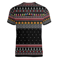 East Timor Christmas Women V-Neck T-Shirt with Santa in Traditional Robe Gift Basket Ho Ho Ho Text and Black Festive - Wonder Print Shop