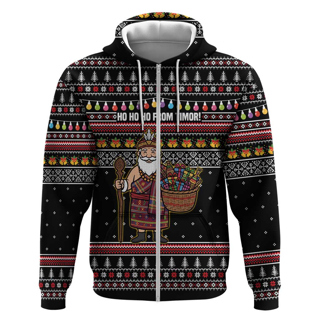 East Timor Christmas Zip Hoodie with Santa in Traditional Robe Gift Basket Ho Ho Ho Text and Black Festive - Wonder Print Shop