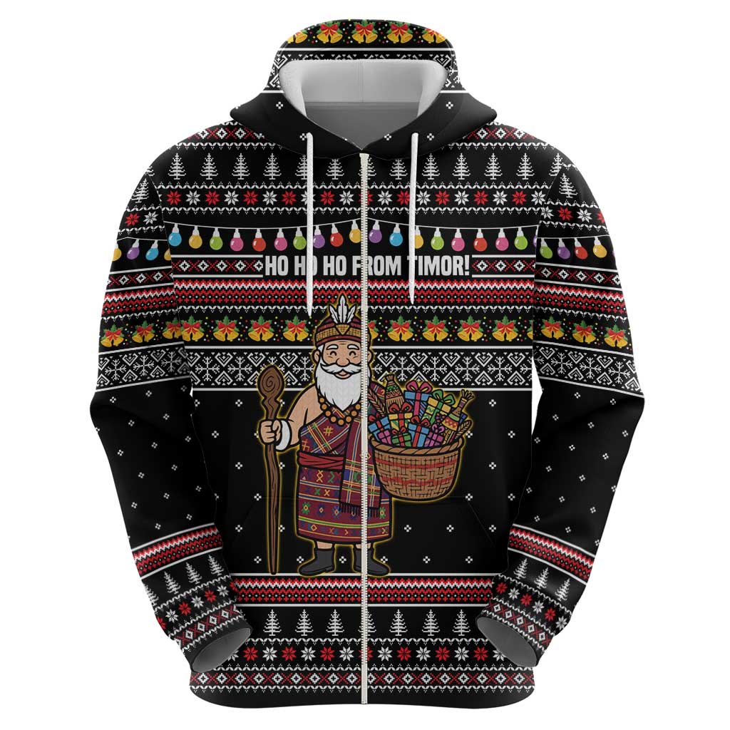 East Timor Christmas Zip Hoodie with Santa in Traditional Robe Gift Basket Ho Ho Ho Text and Black Festive - Wonder Print Shop