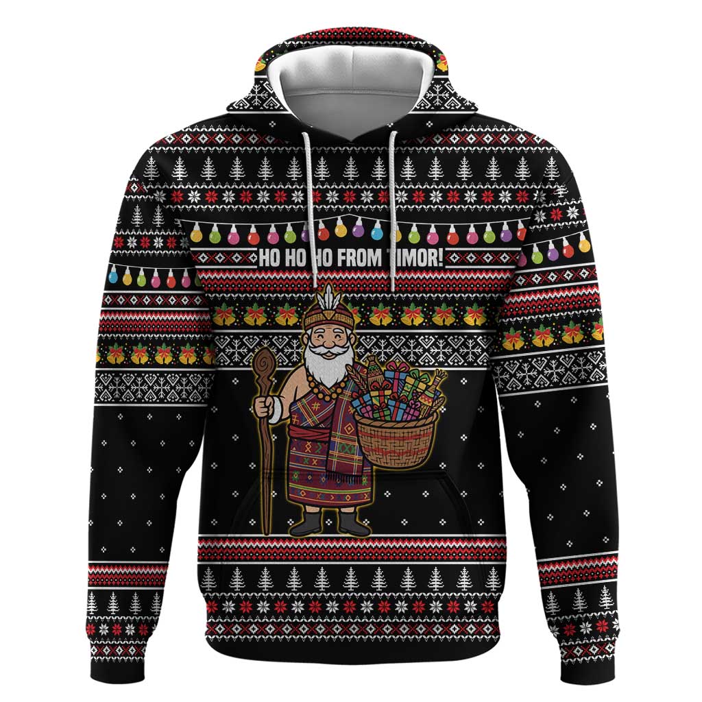 East Timor Christmas Zip Hoodie with Santa in Traditional Robe Gift Basket Ho Ho Ho Text and Black Festive - Wonder Print Shop