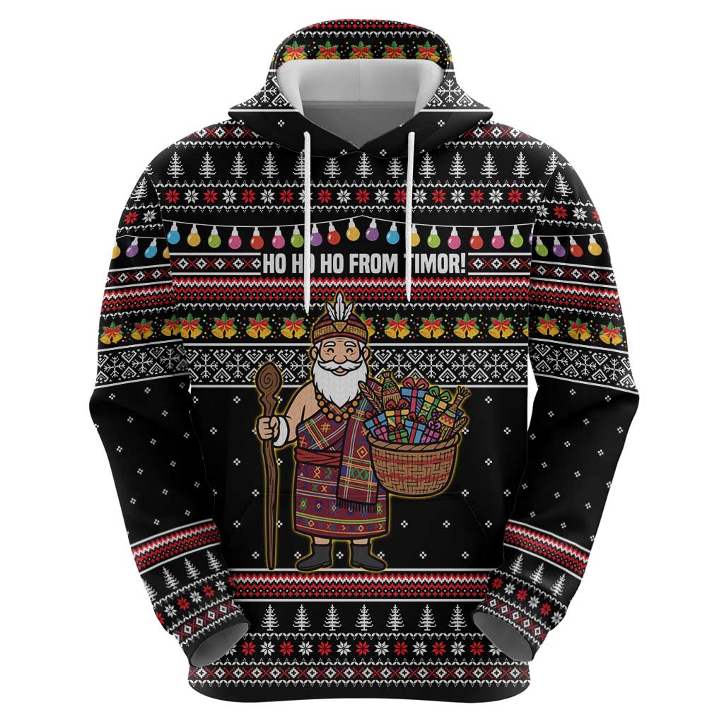 East Timor Christmas Zip Hoodie with Santa in Traditional Robe Gift Basket Ho Ho Ho Text and Black Festive - Wonder Print Shop