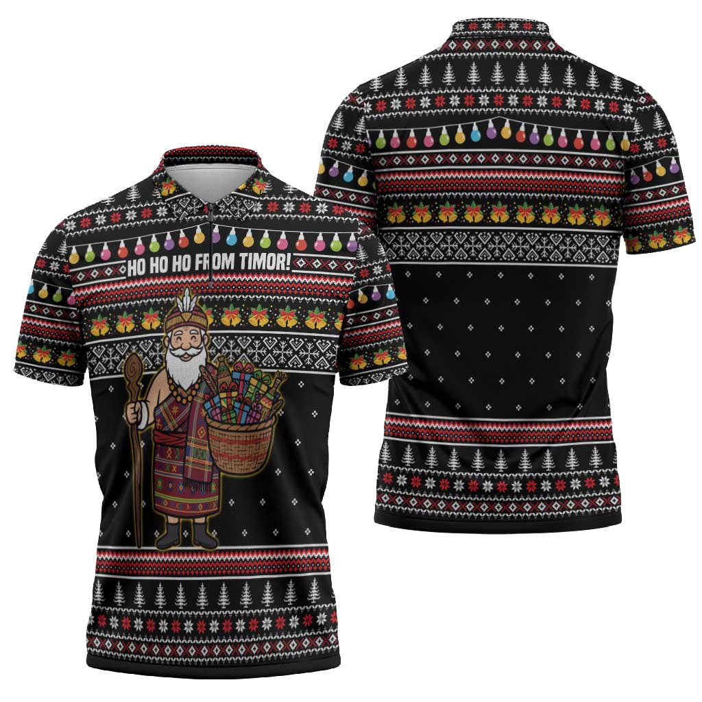 East Timor Christmas Zipper Polo Shirt with Santa in Traditional Robe Gift Basket Ho Ho Ho Text and Black Festive - Wonder Print Shop
