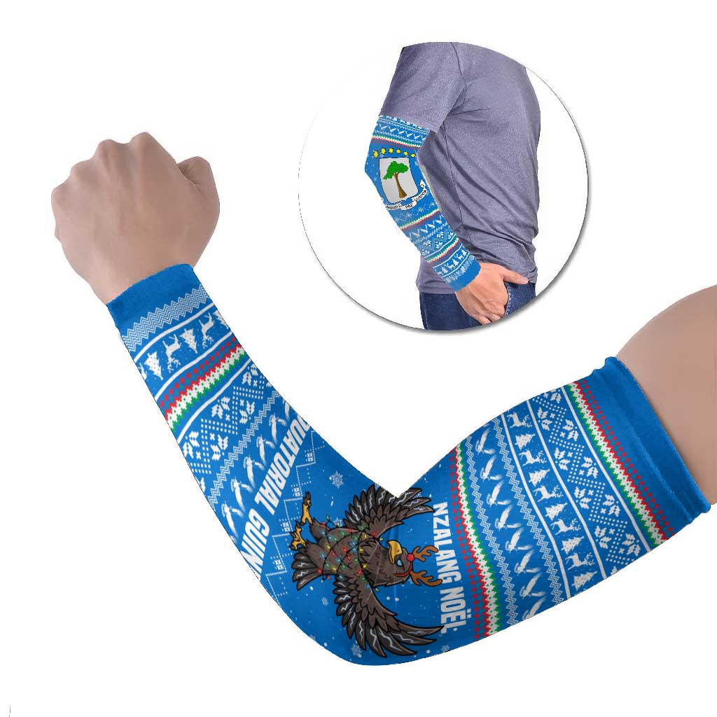 Equatorial Guinea Christmas Arm Sleeves with Nzalang Noel Eagle Flag Snowflakes and Blue Holiday - Wonder Print Shop