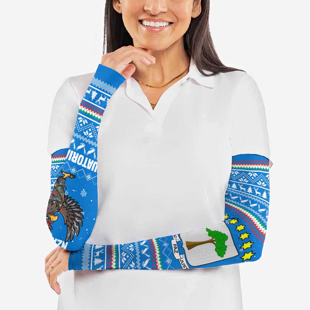Equatorial Guinea Christmas Arm Sleeves with Nzalang Noel Eagle Flag Snowflakes and Blue Holiday - Wonder Print Shop