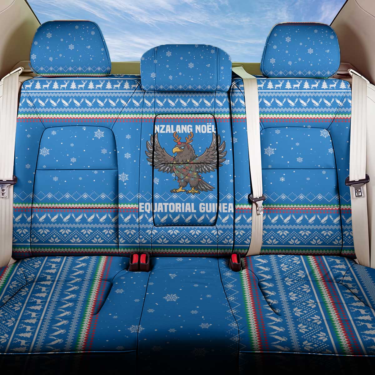 Equatorial Guinea Christmas Back Car Seat Cover with Nzalang Noel Eagle Flag Snowflakes and Blue Holiday - Wonder Print Shop