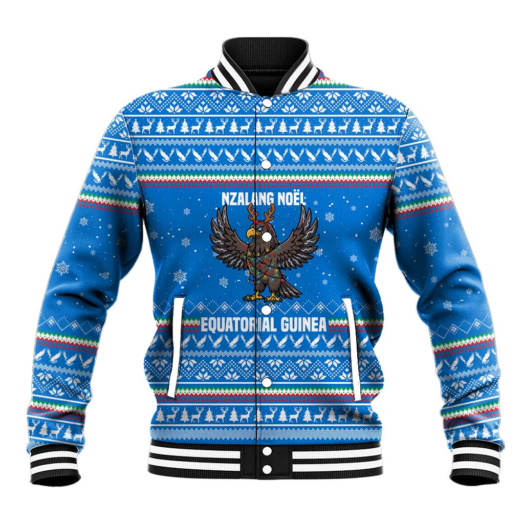 Equatorial Guinea Christmas Baseball Jacket with Nzalang Noel Eagle Flag Snowflakes and Blue Holiday - Wonder Print Shop