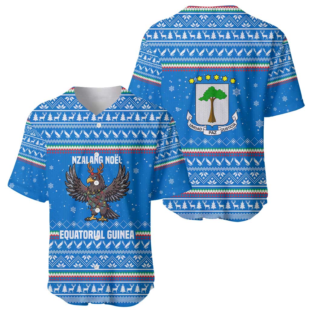 Equatorial Guinea Christmas Baseball Jersey with Nzalang Noel Eagle Flag Snowflakes and Blue Holiday - Wonder Print Shop