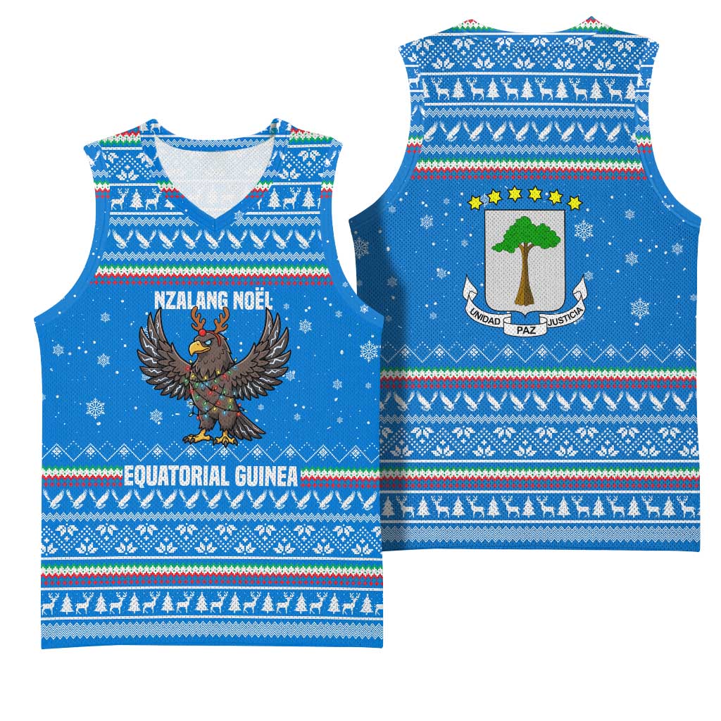 Equatorial Guinea Christmas Basketball Jersey with Nzalang Noel Eagle Flag Snowflakes and Blue Holiday - Wonder Print Shop