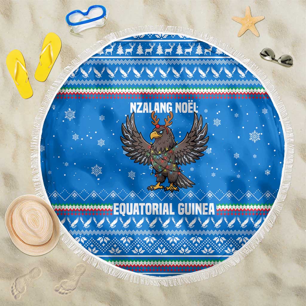 Equatorial Guinea Christmas Beach Blanket with Nzalang Noel Eagle Flag Snowflakes and Blue Holiday - Wonder Print Shop