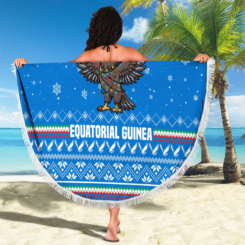 Equatorial Guinea Christmas Beach Blanket with Nzalang Noel Eagle Flag Snowflakes and Blue Holiday - Wonder Print Shop