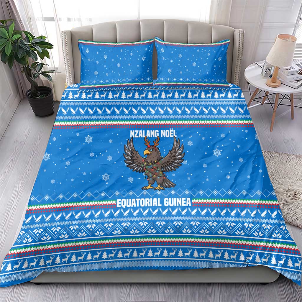 Equatorial Guinea Christmas Bedding Set with Nzalang Noel Eagle Flag Snowflakes and Blue Holiday - Wonder Print Shop