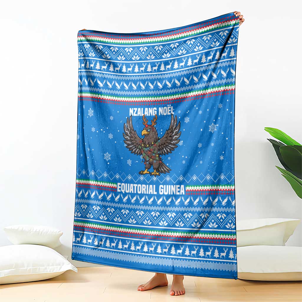 Equatorial Guinea Christmas Blanket with Nzalang Noel Eagle Flag Snowflakes and Blue Holiday - Wonder Print Shop