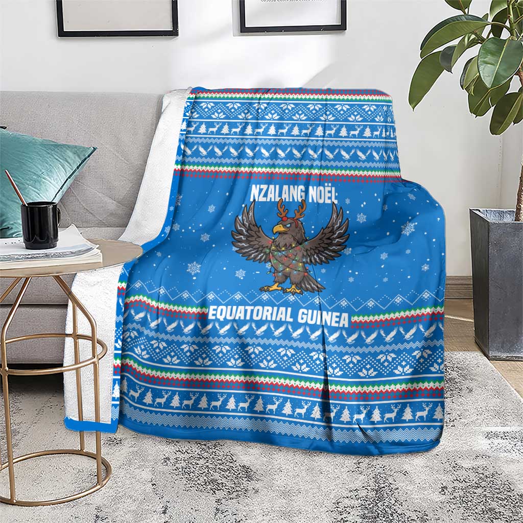Equatorial Guinea Christmas Blanket with Nzalang Noel Eagle Flag Snowflakes and Blue Holiday - Wonder Print Shop