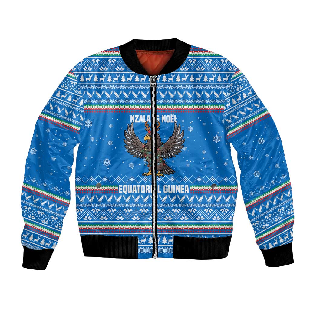 Equatorial Guinea Christmas Bomber Jacket with Nzalang Noel Eagle Flag Snowflakes and Blue Holiday - Wonder Print Shop