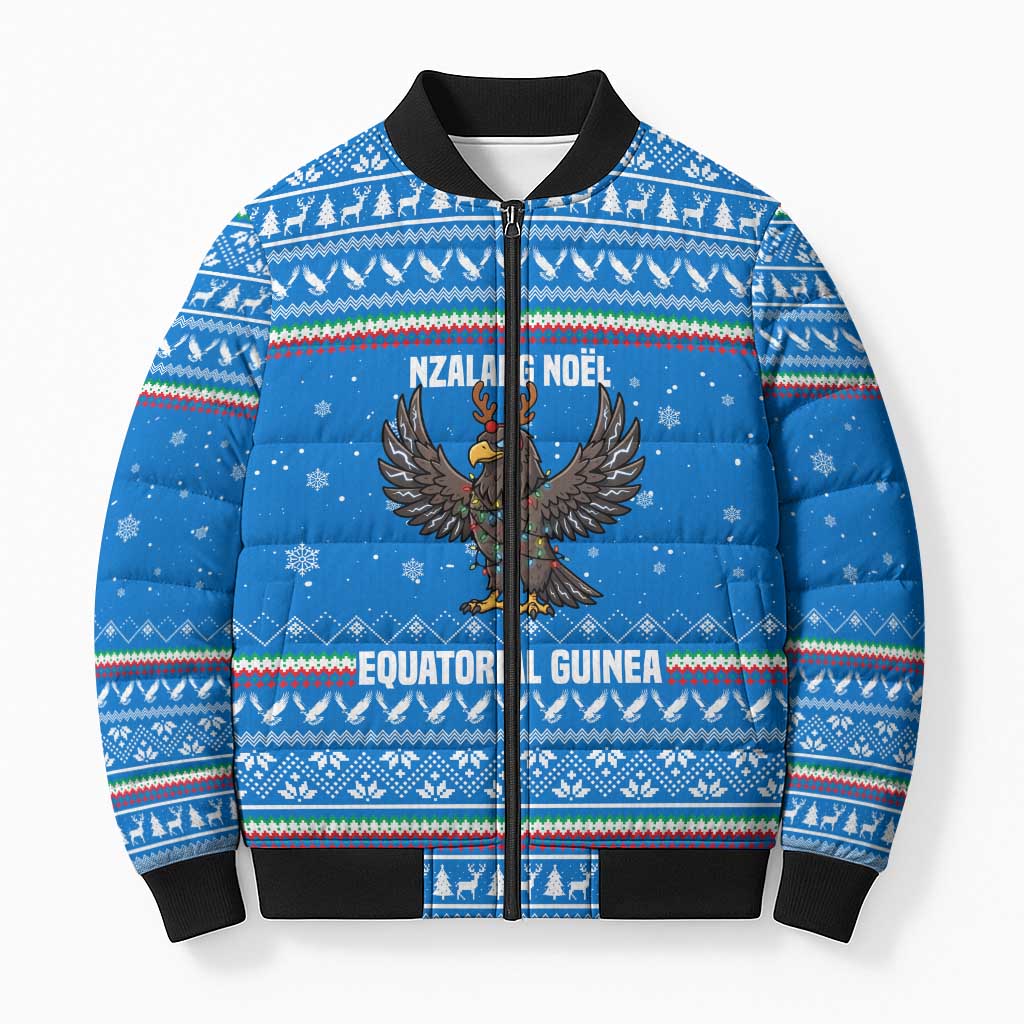 Equatorial Guinea Christmas Bomber Puffer Jacket with Nzalang Noel Eagle Flag Snowflakes and Blue Holiday - Wonder Print Shop