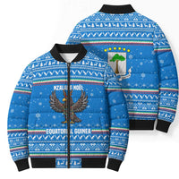 Equatorial Guinea Christmas Bomber Puffer Jacket with Nzalang Noel Eagle Flag Snowflakes and Blue Holiday - Wonder Print Shop