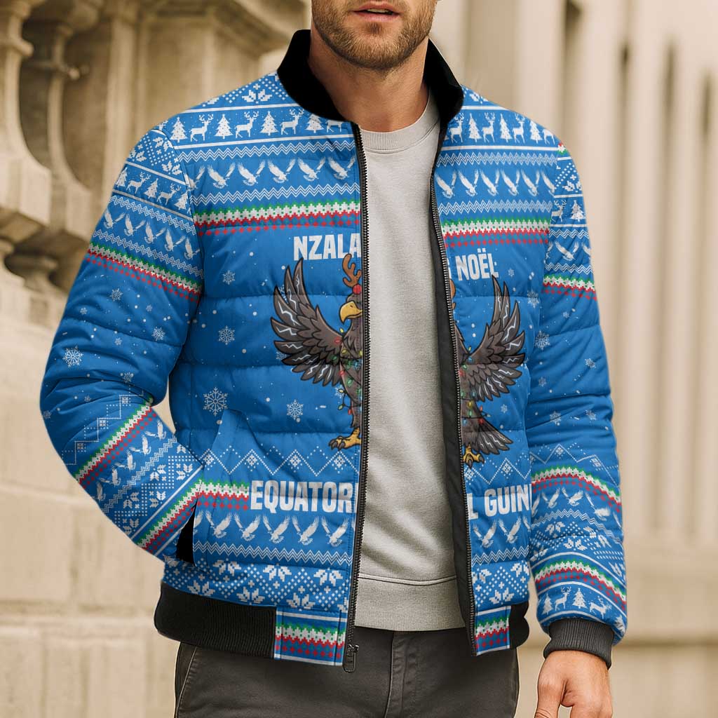 Equatorial Guinea Christmas Bomber Puffer Jacket with Nzalang Noel Eagle Flag Snowflakes and Blue Holiday - Wonder Print Shop