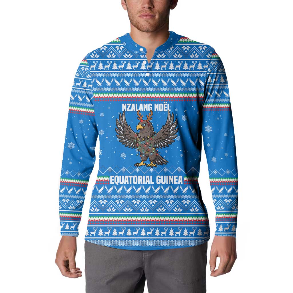 Equatorial Guinea Christmas Button Sweatshirt with Nzalang Noel Eagle Flag Snowflakes and Blue Holiday - Wonder Print Shop