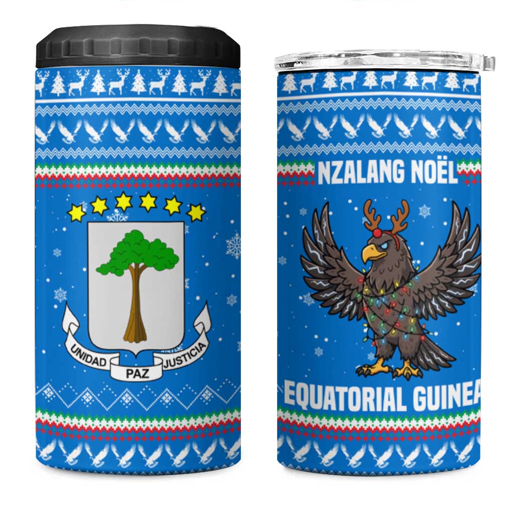 Equatorial Guinea Christmas 4 in 1 Can Cooler Tumbler with Nzalang Noel Eagle Flag Snowflakes and Blue Holiday - Wonder Print Shop