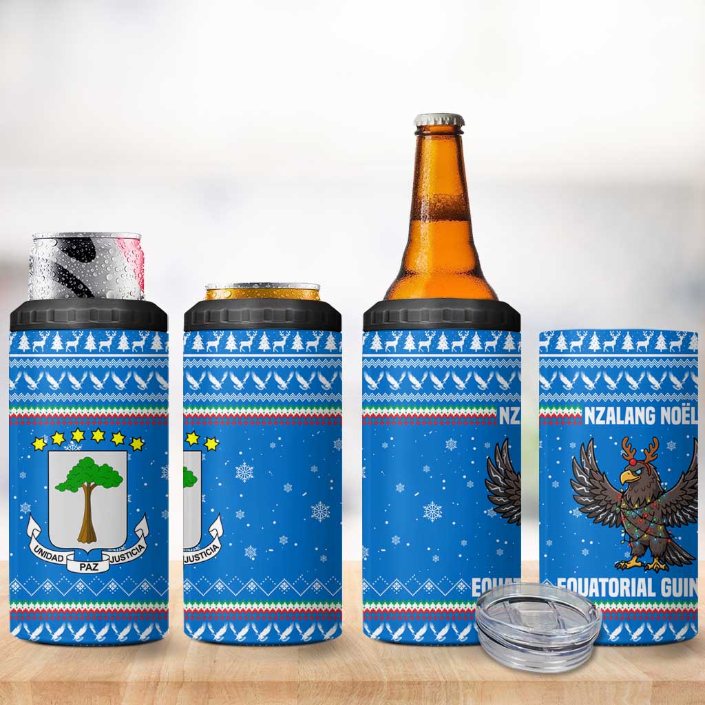 Equatorial Guinea Christmas 4 in 1 Can Cooler Tumbler with Nzalang Noel Eagle Flag Snowflakes and Blue Holiday - Wonder Print Shop
