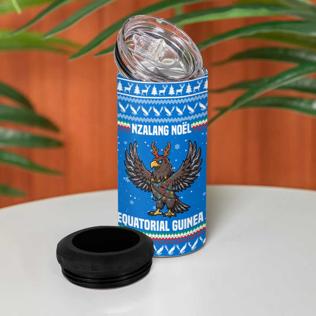 Equatorial Guinea Christmas 4 in 1 Can Cooler Tumbler with Nzalang Noel Eagle Flag Snowflakes and Blue Holiday - Wonder Print Shop