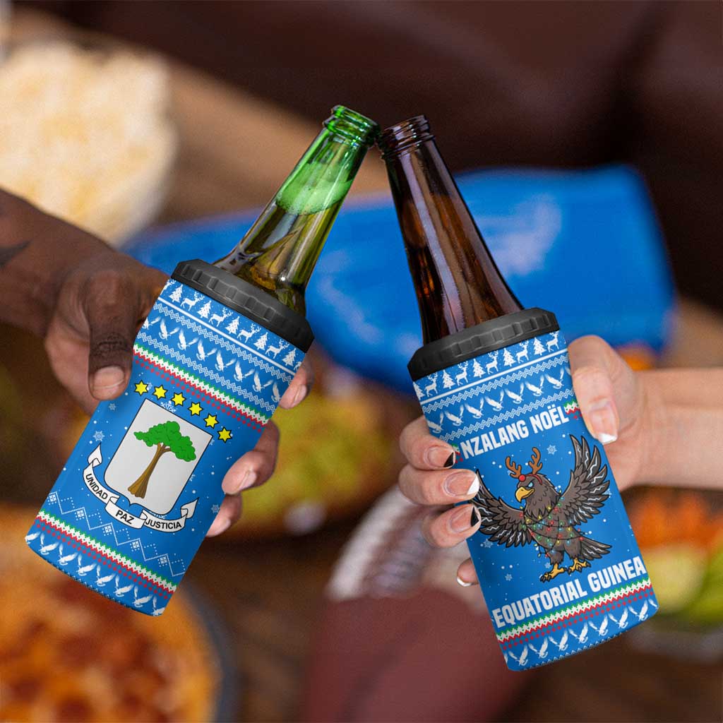 Equatorial Guinea Christmas 4 in 1 Can Cooler Tumbler with Nzalang Noel Eagle Flag Snowflakes and Blue Holiday - Wonder Print Shop