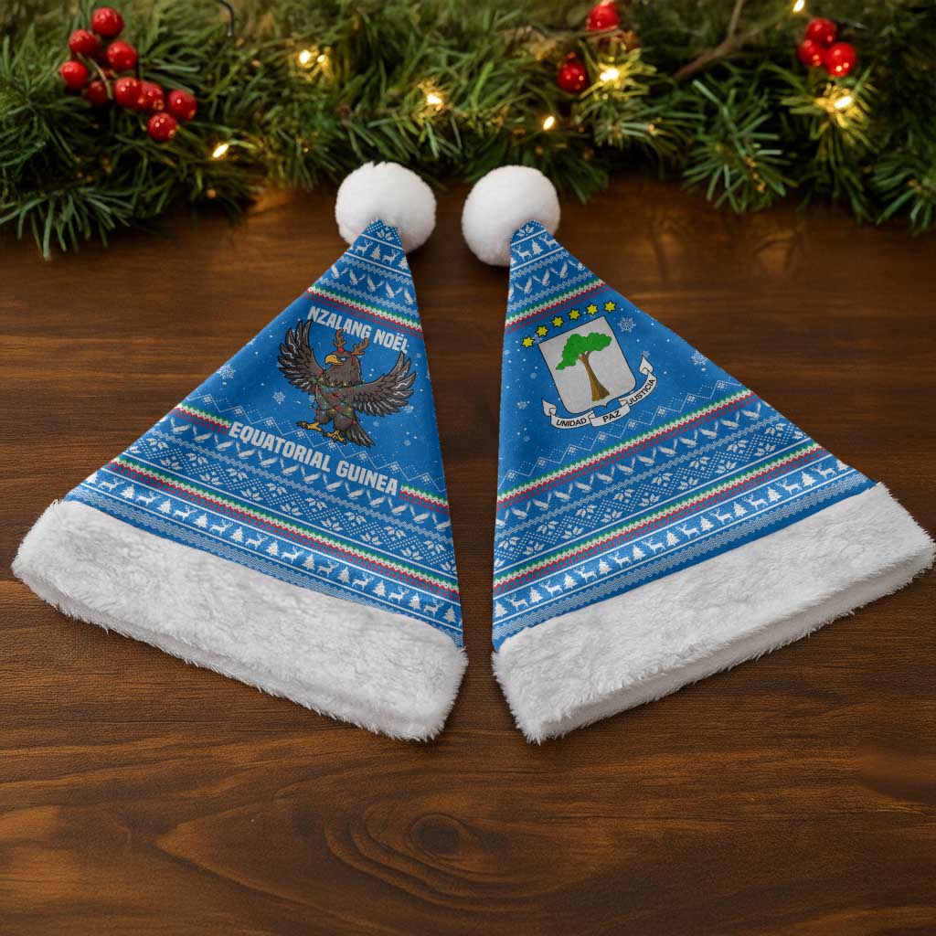Equatorial Guinea Christmas Santa Hat with Nzalang Noel Eagle Flag Snowflakes and Blue Holiday - Wonder Print Shop