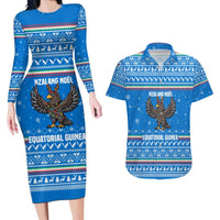 Equatorial Guinea Christmas Couples Matching Long Sleeve Bodycon Dress and Hawaiian Shirt with Nzalang Noel Eagle Flag Snowflakes and Blue Holiday - Wonder Print Shop