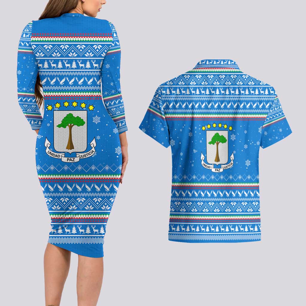 Equatorial Guinea Christmas Couples Matching Long Sleeve Bodycon Dress and Hawaiian Shirt with Nzalang Noel Eagle Flag Snowflakes and Blue Holiday - Wonder Print Shop