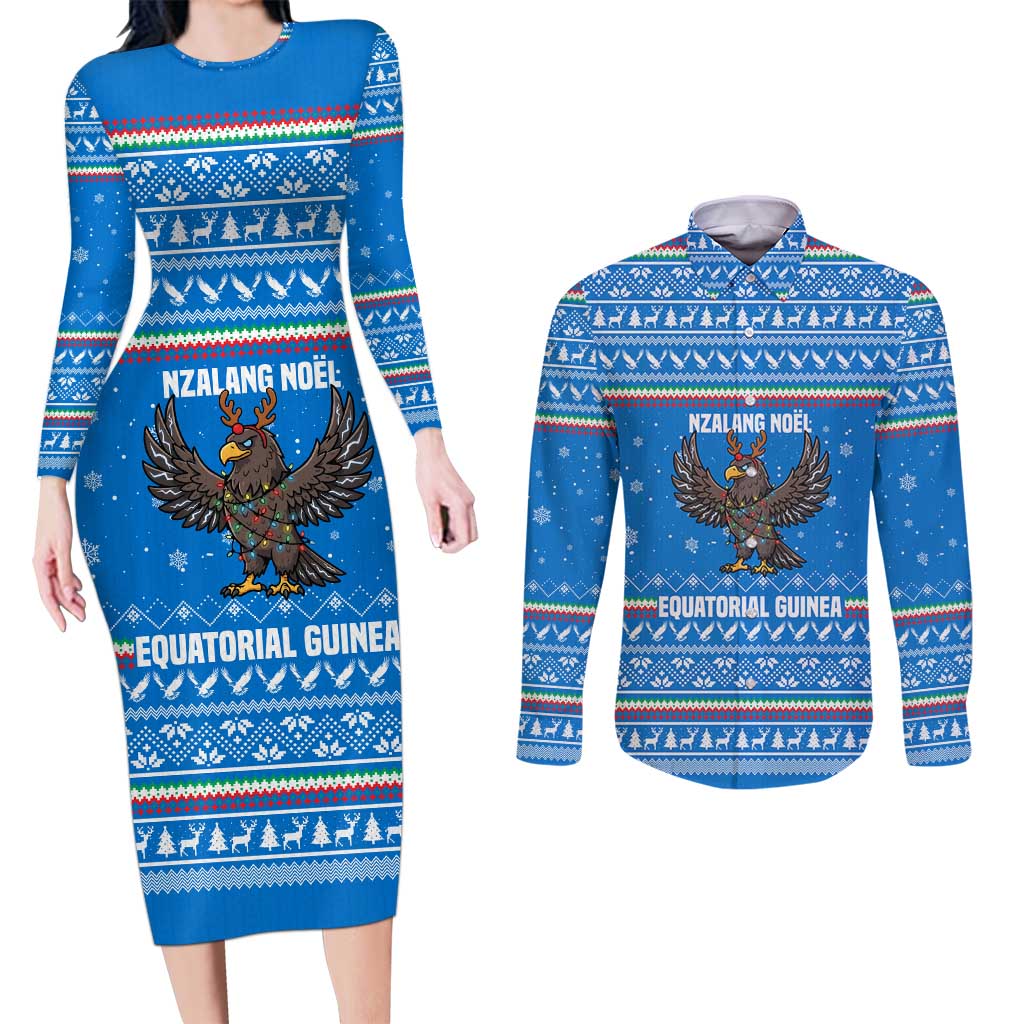 Equatorial Guinea Christmas Couples Matching Long Sleeve Bodycon Dress and Long Sleeve Button Shirt with Nzalang Noel Eagle Flag Snowflakes and Blue Holiday - Wonder Print Shop