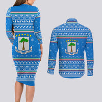 Equatorial Guinea Christmas Couples Matching Long Sleeve Bodycon Dress and Long Sleeve Button Shirt with Nzalang Noel Eagle Flag Snowflakes and Blue Holiday - Wonder Print Shop