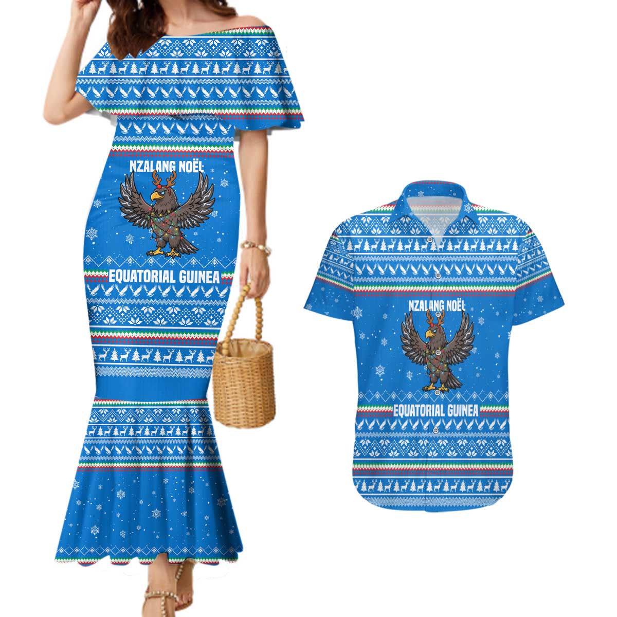 Equatorial Guinea Christmas Couples Matching Mermaid Dress and Hawaiian Shirt with Nzalang Noel Eagle Flag Snowflakes and Blue Holiday - Wonder Print Shop