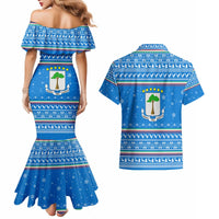 Equatorial Guinea Christmas Couples Matching Mermaid Dress and Hawaiian Shirt with Nzalang Noel Eagle Flag Snowflakes and Blue Holiday - Wonder Print Shop