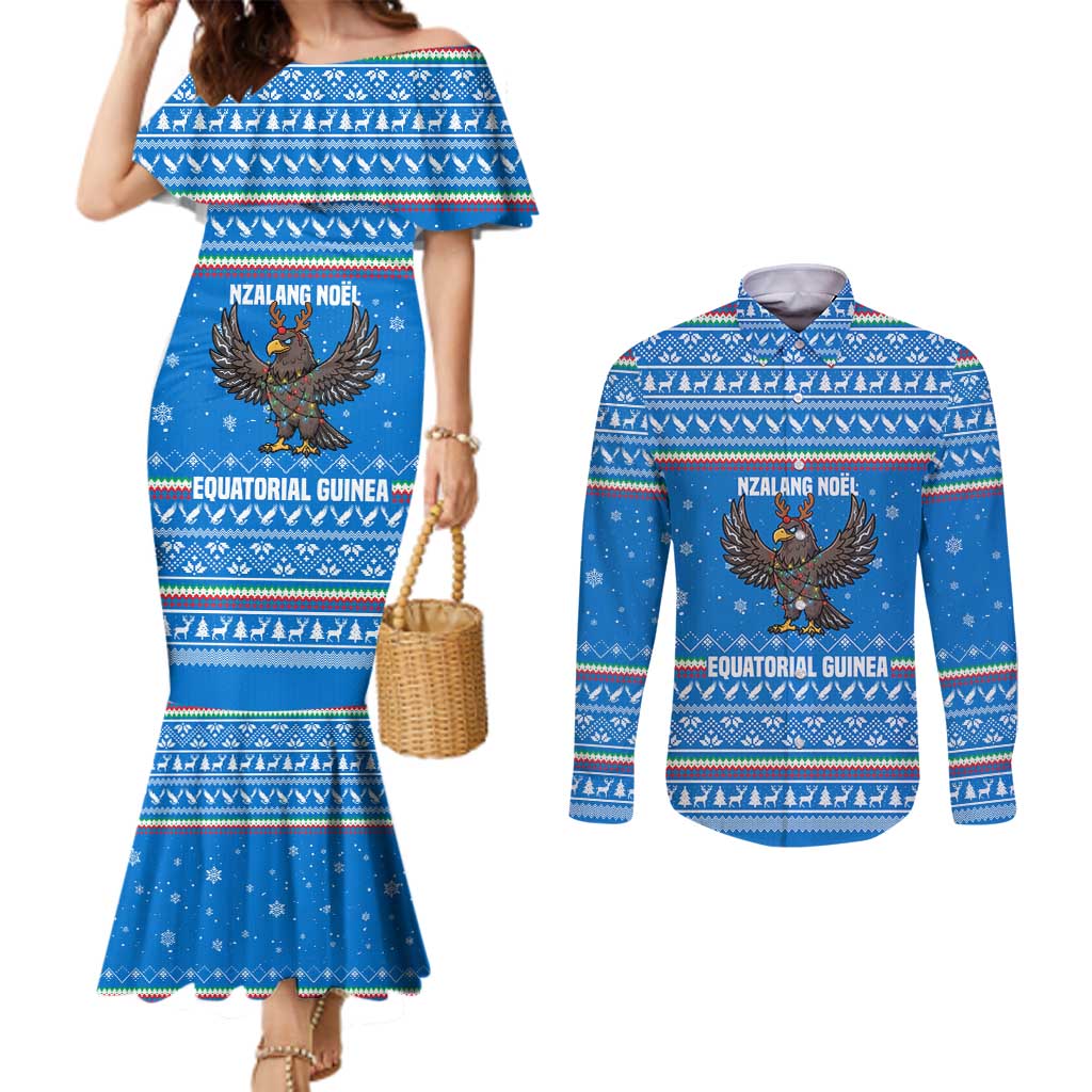Equatorial Guinea Christmas Couples Matching Mermaid Dress and Long Sleeve Button Shirt with Nzalang Noel Eagle Flag Snowflakes and Blue Holiday - Wonder Print Shop