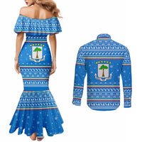 Equatorial Guinea Christmas Couples Matching Mermaid Dress and Long Sleeve Button Shirt with Nzalang Noel Eagle Flag Snowflakes and Blue Holiday - Wonder Print Shop