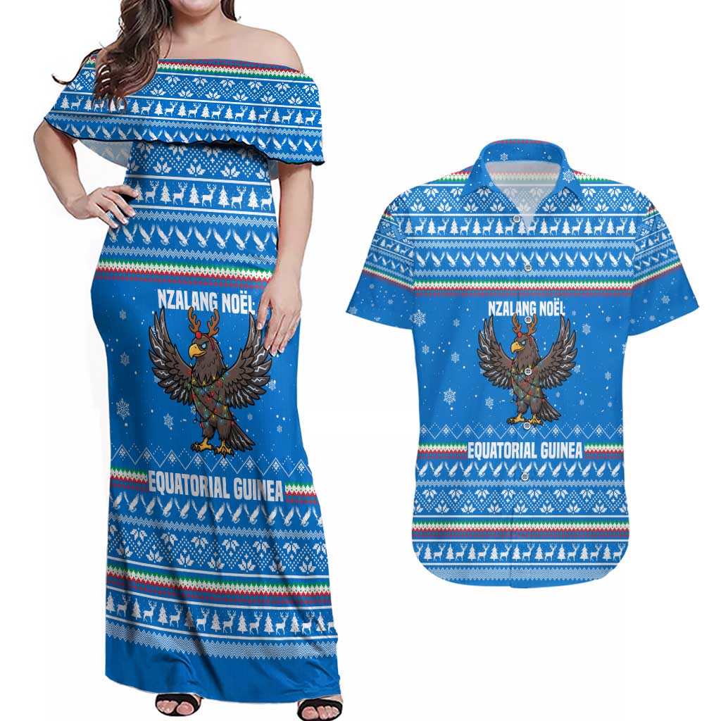 Equatorial Guinea Christmas Couples Matching Off Shoulder Maxi Dress and Hawaiian Shirt with Nzalang Noel Eagle Flag Snowflakes and Blue Holiday - Wonder Print Shop