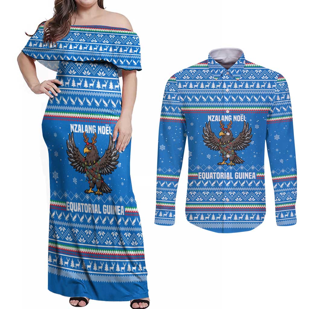 Equatorial Guinea Christmas Couples Matching Off Shoulder Maxi Dress and Long Sleeve Button Shirt with Nzalang Noel Eagle Flag Snowflakes and Blue Holiday - Wonder Print Shop