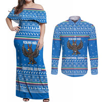 Equatorial Guinea Christmas Couples Matching Off Shoulder Maxi Dress and Long Sleeve Button Shirt with Nzalang Noel Eagle Flag Snowflakes and Blue Holiday - Wonder Print Shop