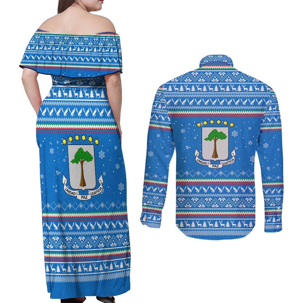 Equatorial Guinea Christmas Couples Matching Off Shoulder Maxi Dress and Long Sleeve Button Shirt with Nzalang Noel Eagle Flag Snowflakes and Blue Holiday - Wonder Print Shop