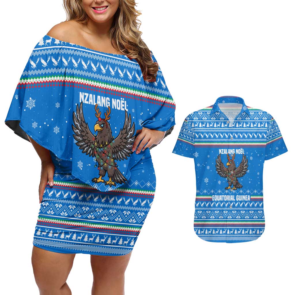 Equatorial Guinea Christmas Couples Matching Off Shoulder Short Dress and Hawaiian Shirt with Nzalang Noel Eagle Flag Snowflakes and Blue Holiday - Wonder Print Shop