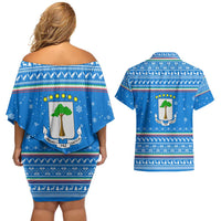 Equatorial Guinea Christmas Couples Matching Off Shoulder Short Dress and Hawaiian Shirt with Nzalang Noel Eagle Flag Snowflakes and Blue Holiday - Wonder Print Shop